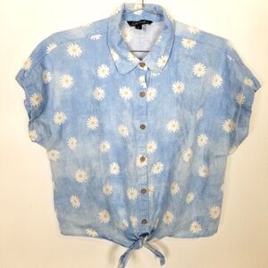 Charlie B Women Daisy Print Tie-Front Linen Blouse Top Sz L Blue Button Up  Boho